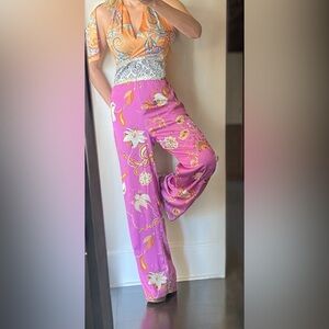 Floral Satin Wide-Leg Jumpsuit Pants in Bright Pink